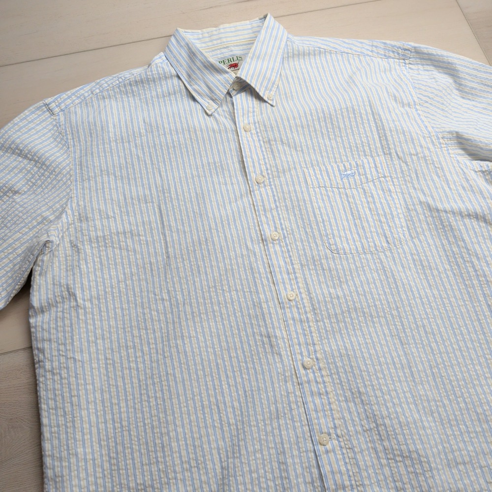 Perlis Seersucker‎ Shirt Mens XXL Short Sleeve Blue Yellow Stripe Crawfish Logo